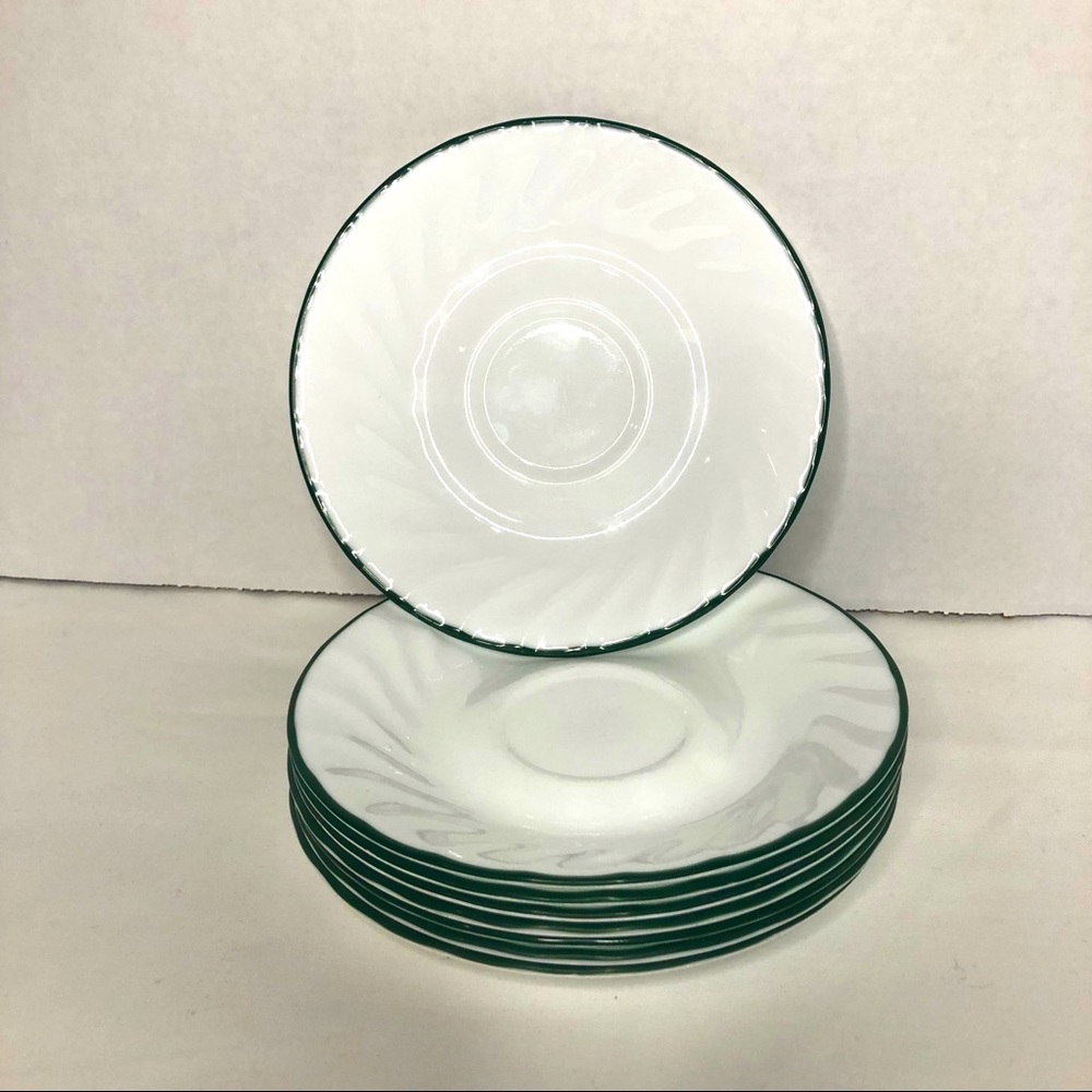 Vintage Set of 8 Corelle Saucers  Swirl Green Rim